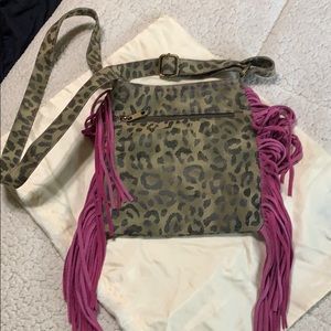 Leopard print bag with pink fringe